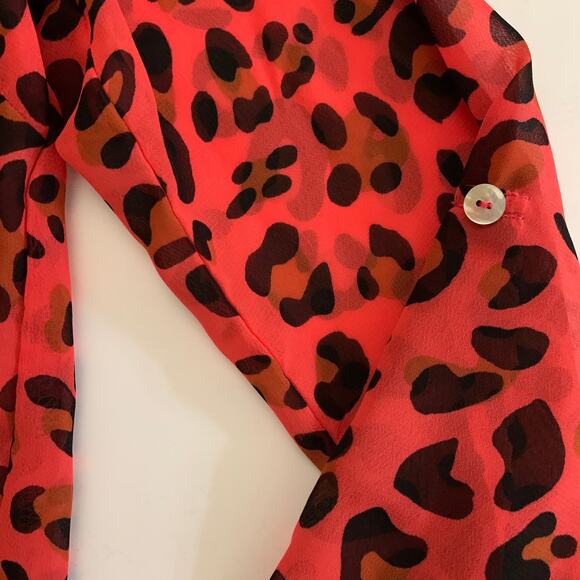 DEB Sheer Pink Leopard Red Button Down High Low Blouse XS - Picture 11 of 12